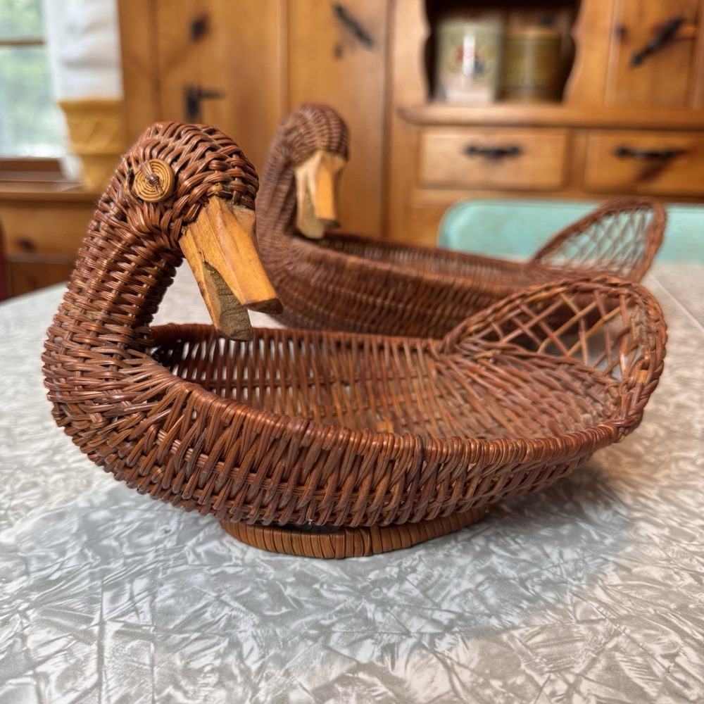 Set of 2 Vintage Wicker Duck Basket Woven Rattan Wood Decor Bird Cottagecore